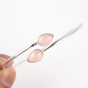 Wholesale Handmade 925 Sterling Silver Plated Natural Rose Quartz Gemstone Two <b>Stone</b> Teardrop Bypass Bangle <b>Bracelet</b> Elegant - Product Image 3