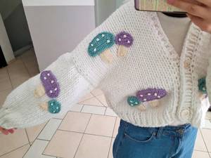 <b>Women's</b> <b>White</b> Hand Knitted <b>Cardigan</b> With Mushroom Appliques Puff Sleeve V Neck Crop Length Casual Sweater - Product Image 5