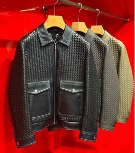Blouson Bomber Vintage Homme en Cuir Tressé Sur Mesure avec Fermeture Éclair et Col Rabattable pour l'Automne – Style Moto Décontracté - Product Image 2