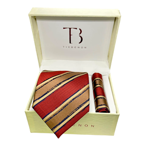 Conjunto de Corbata y Pañuelo de Bolsillo de Seda a Rayas Rojas y Doradas de Lujo para Hombre, Marca Tie Benon |   Conjunto de Corbata de Diseño Premium para Eventos Formales y Fiestas - Product Image 1