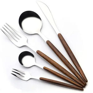 Cubertería de Metal de Alta Calidad, Cuchara y Tenedor de Estilo Vintage, Cubiertos de Acero Inoxidable con Mango de Imitación Madera para Uso en Restaurantes - Product Image 3