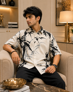 Chemise à manches courtes pour homme en coton à imprimé floral de feuilles de bambou, col rabattu, boutons sur le devant, couleur blanche, coupe décontractée, vêtement de luxe - Product Image 5