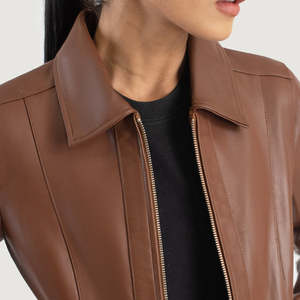Brown Classic Collar Sheep Leather Breathable Eco-Friendly Winter Women's Quilted <b>Biker</b> <b>Jacket</b> with Stand & Detachable Collar - Product Image 3