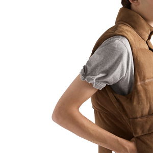 top trending Men's Cowhide Suede Down Vest Luxury Puffer Vest Winter Outdoor Vest OEM Private Label leather good manufacturer - Product Image 4