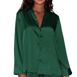 Custom High Quality Women's Elegant Sleepwear Set Breathable Satin <b>Pyjamas</b> 2pcs Long Sleeves Turn Collar Elastic Waist Closure - Product Image 4