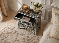Table de chevet noire et blanche avec incrustations de nacre, motif floral, table de rangement pour chambre à coucher