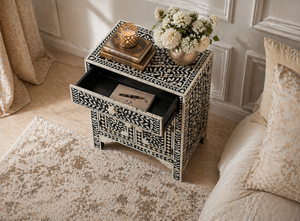 Black and <b>White</b> Bone Inlay Nightstand Pearl Inlay <b>Bedside</b> Cabinet Floral Pattern Storage Table for Bedroom - Product Image 4