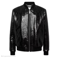 Blouson Bomber Homme Noir en PU Gaufré Effet Crocodile Col Montant Fermeture Éclair Style Moto Coupe Droite Idéal Automne