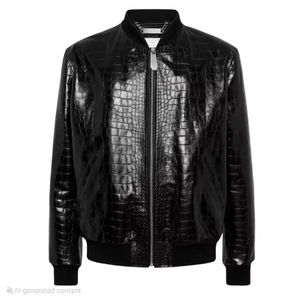 Chaqueta Bomber Negra para Hombre, Estilo Motociclista, con Cuello Alto y Cierre de Cremallera, Diseño de Cocodrilo en Relieve, Corte Regular, para Otoño - Product Image 3