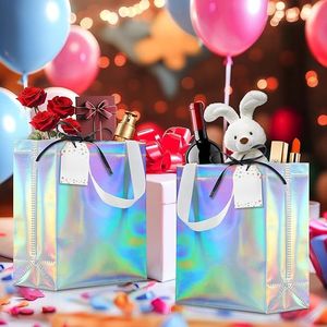 Keerxun Set di 12 Sacchetti Regalo Riutilizzabili con Glitter Arcobaleno e Manici, Include Carta Velina Rosa e Nastro - per Regali - Product Image 2