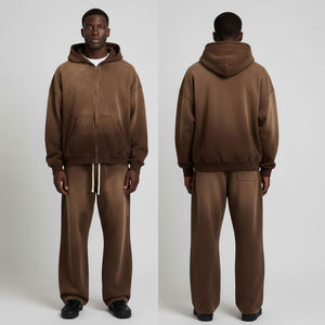 Ensemble survêtement homme marron : veste à capuche zippée et pantalon de jogging large, en molleton décontracté, idéal pour l'hiver, deux pièces, pour la gym et le sport - Product Image 5