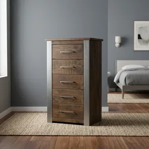 Armoire industrielle en bois à 5 tiroirs, commode rustique en bois massif avec structure en métal, unité de rangement - Product Image 1
