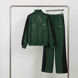 <b>Women's</b> Dark Green <b>White</b> Zip Hoodie Tracksuit Set Color Block Panel Design Oversized <b>Jogger</b> Pants Streetwear - Product Image 6