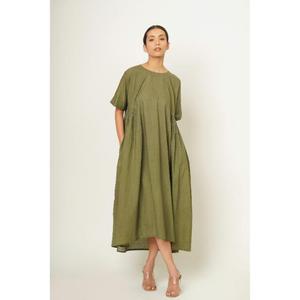 Robe longue trapèze vert olive en lin très demandée, à manches courtes, col rond, respirante, style simple avec poches, idéale pour le printemps pour femme - Product Image 1