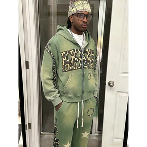 Ensemble de survêtement vert zippé à capuche pour homme, imprimé léopard, strass étoile, style hip-hop, 2 pièces (sweat-shirt et pantalon de survêtement) - Product Image 2