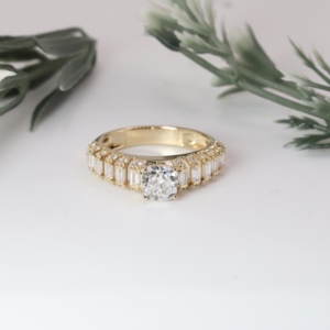 Yellow Gold <b>Cushion</b> Cut Lab Grown Diamond Engagement Ring Classic Multi Row Baguette Wedding Band Luxury <b>Statement</b> Fine Jewely - Product Image 1