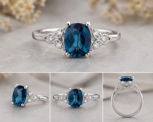 Anillo de compromiso vintage cristiano con topacio azul de Londres y cojín azul, joyería nupcial, declaración de moda, banda engastada con puntas, para fiesta - Product Image 3