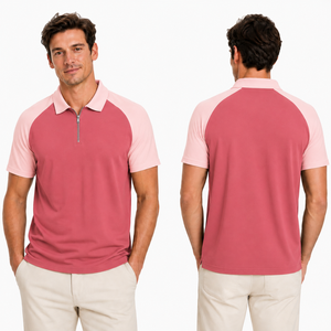 Polo à col zippé pour homme, rose vif et rose clair, manches raglan color block, logo personnalisé, très demandé, pour le golf - Product Image 4