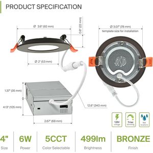 Confezione da 6 Faretti LED da Incasso da 3 Pollici 6W 5 CCT 2700K/5000K CRI90+ con Classificazione IC, Ultra Sottili, Dimmerabili, Commerciali, Senza Scatola (J Box Canless) - Product Image 3