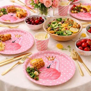Ensemble de 2 plateaux de service Flamingo Polka, écologiques, durables, non toxiques, en tôle de qualité alimentaire, assiettes roses pour enfants, pour les fêtes - Product Image 3