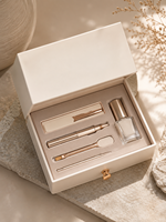 Boîte de rangement rigide à tiroir en papier d'art de luxe personnalisée, avec revêtement UV, lamination brillante, insert en EVA, bouton doré, kit de soin des ongles