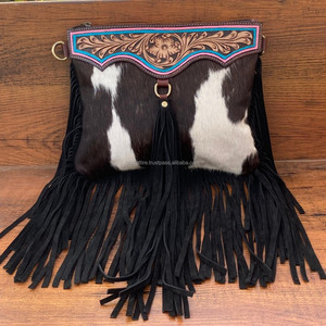 กระเป๋าคาดลำตัวหนังสไตล์ตะวันตกสำหรับผู้หญิงกระเป๋าหนังแท้ประดับพู่ดอกไม้กระเป๋าหนังวัวตามสั่ง - Product Image 2