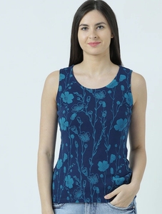 Camiseta sin mangas con estampado floral para mujer, cuello redondo, informal, de punto, de algodón, azul - Product Image 3