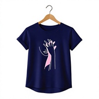 T-shirt pour femme bleu marine à col rond avec imprimé artistique rose fait main, décontracté, manches courtes, coupe classique, printemps-été, 100 % coton jersey