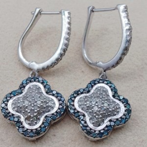 1.57 Cttw Round Cut White & Color Enhanced Blue Natural Diamond Clover Drop <b>Dangle</b> <b>Earrings</b> for Women in 925 Sterling <b>Silver</b> - Product Image 5