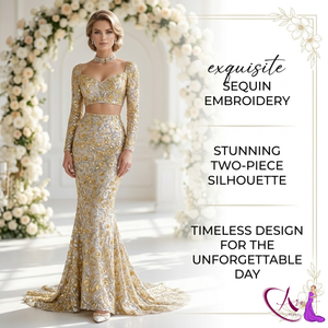 Luxury Gold Hand Beaded <b>Sequined</b> Mermaid Evening Gown Set Women | Sleeveless Crop <b>Top</b> Full Length Embroidery Sweetheart Party - Product Image 4