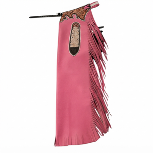 Chaps de cowgirl en cuir western pour femme avec franges roses, broderies de plumes et ceinture à motifs floraux – Chaps d'équitation personnalisés - Product Image 1