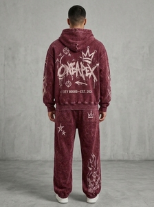 Men's Oversized Burgundy Acid Wash Hoodie Tracksuit <b>Sets</b> Heavyweight Streetwear Cotton <b>Jogger</b> <b>Matching</b> Sweat Suit Custom Apparel - Product Image 2