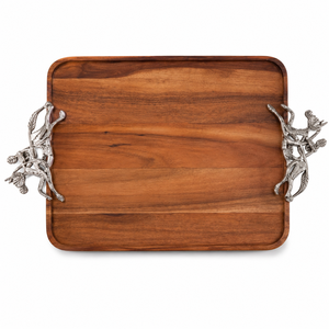 RISING INTERNATIONAL Luxury Acacia Wood Serving Tray White Orchid Branch Handles Modern Design Party Use In-Glaze Decorated - Product Image 1