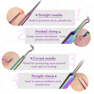 Kit de 5 outils en acier inoxydable pour l'élimination des points noirs et de l'acné, finition arc-en-ciel, avec pinces, aiguilles et extracteurs de comédons - Product Image 4