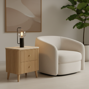 Table d'appoint moderne et écologique avec 2 tiroirs, porte à battants, en acacia, MDF, placage chêne et plateau en marbre pour salon et salle à manger - Product Image 4