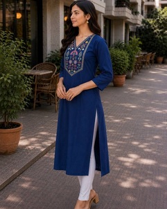 Women Ethanic Blue Embroidered Cotton Kurta Ankle Length Traditional Casual Wear India Pakistan Style Regular Fit <b>Kurtis</b> - Product Image 1