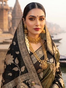 Sari Gulbahar traditionnel pour mariage et Diwali, teint à la main, en tissu scintillant avec motif floral et design à fleurs éclatantes - Product Image 4