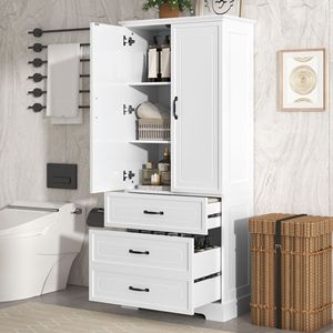Mobiletto Alto da Bagno in MDF Bianco con Due Ante e Cassetti, Ripiano Regolabile - Product Image 1
