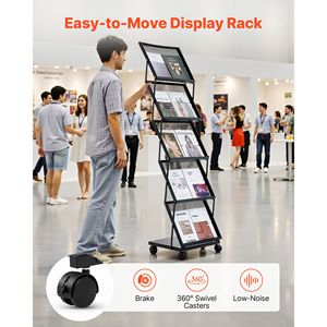Espositore Pieghevole a 5 Tasche per Brochure, Superficie Lucida, Porta Riviste e Materiale Pubblicitario con Base Mobile su Ruote - Product Image 6