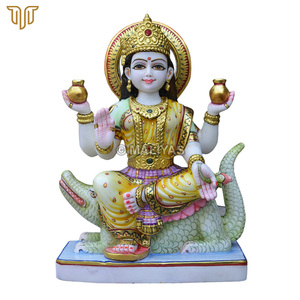Ganga Mata Marble Idol Seated on Crocodile | Four Armed Goddess with Sacred Pots, Lotus and Golden Crown by MALIYAS Jaipur - Product Image 2
