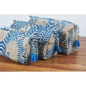 Ensemble de trousses de voyage durables en coton à motif pompon avec fermeture éclair - Écologiques, réutilisables, petite taille, pour rangement de maquillage - Product Image 3