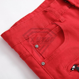 Custom <b>Red</b> Biker Denim Shorts <b>Men</b> Ribbed Pleated Slim Fit <b>Jeans</b> Shorts Distressed Frayed Hem Hip Hop Streetwear Clothing - Product Image 3