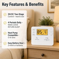 Thermostat programmable multi-étages 2 chaud 2 froid, alimentation par batterie ou 24V, filaire, 7 jours