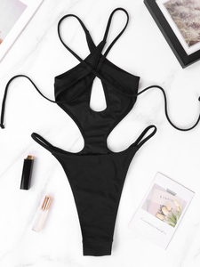 Ensemble de bikini croisé noir uni pour femme avec bas string échancré et extensible - Product Image 6