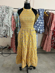 Vestido maxi de algodón indio con estampado de bloques a mano, vestido transpirable con técnica de tejido teñido anudado en cintura natural - Product Image 4