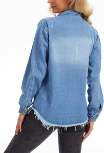 แจ็คเก็ตยีนส์ผู้หญิง แขนยาว คลาสสิก แต่งขาดสไตล์ Trucker ราคาสมเหตุสมผล - Product Image 3