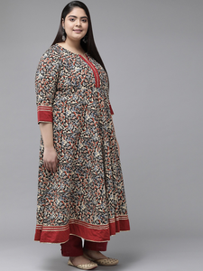 Kurti Anarkali en coton pour femmes grandes tailles avec imprimé floral multicolore, col rond et manches trois quarts - Product Image 4