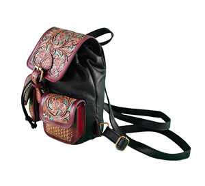 New Hand <b>Tooled</b> Genuine Leather <b>Backpack</b> Floral Design Embossed Bohemian Style Softback Detachable Strap Unisex Multi Functional - Product Image 4