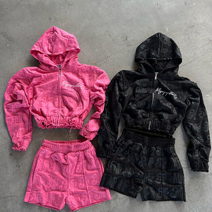 Ensemble de survêtement en coton pour femme à manches longues, avec sweat à capuche oversize à fermeture éclair quart de tour et short, deux pièces - Product Image 1