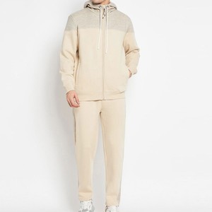 Ensemble de survêtement décontracté pour homme, couleur beige, à blocs de couleurs, avec capuche, fermeture éclair, manches longues, coupe régulière, 100 % coton, pour l'automne - Product Image 1